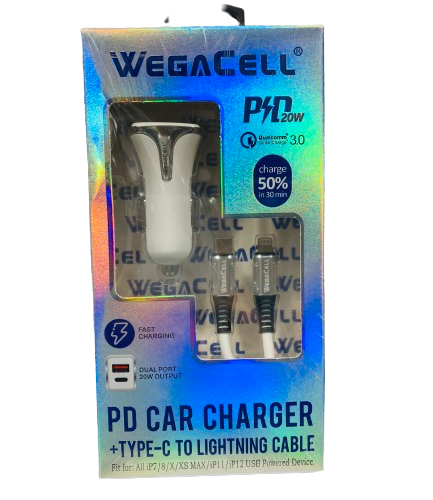 WegaCell - Dual Port Fast Charge (PD Car Charger + Type-C to Lightning Cable) - Electronics (20W Output) - MK Distro