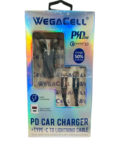 WegaCell - Dual Port Fast Charge (PD Car Charger + Type-C to Lightning Cable) - Electronics (20W Output) - MK Distro