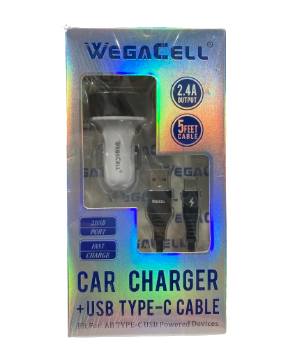 WegaCell - 2USB Port Fast Charge (Car Charger + USB Type-C 5ft Cable) - Electronics (2.4A Output) - MK Distro