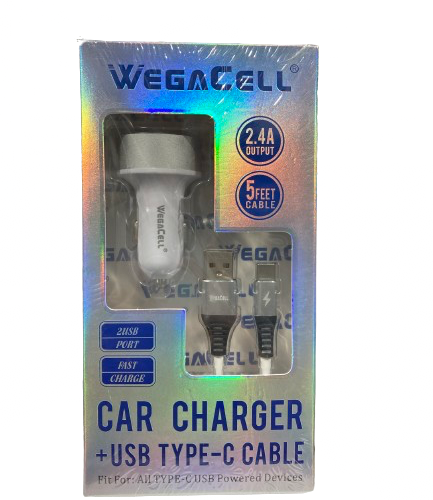 WegaCell - 2USB Port Fast Charge (Car Charger + USB Type-C 5ft Cable) - Electronics (2.4A Output) - MK Distro