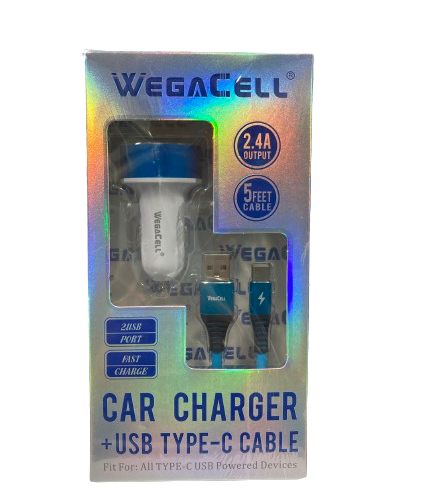 WegaCell - 2USB Port Fast Charge (Car Charger + USB Type-C 5ft Cable) - Electronics (2.4A Output) - MK Distro