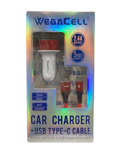 WegaCell - 2USB Port Fast Charge (Car Charger + USB Type-C 5ft Cable) - Electronics (2.4A Output) - MK Distro