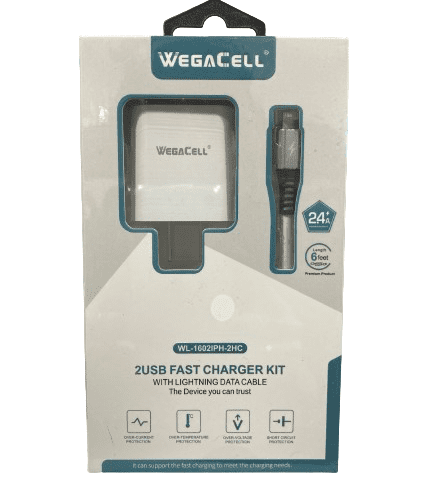 WegaCell - 2USB Fast Charger Kit (2USB Home Charger + 6ft Lightning Cable) - Electronics (2.4A Output) - MK Distro