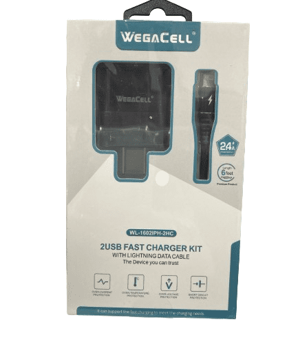 WegaCell - 2USB Fast Charger Kit (2USB Home Charger + 6ft Lightning Cable) - Electronics (2.4A Output) - MK Distro