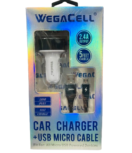 WegaCell - 2USB Port Fast Charge (Car Charger + 5ft USB Micro Cable) - Electronics (2.4A Output) - MK Distro