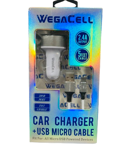 WegaCell - 2USB Port Fast Charge (Car Charger + 5ft USB Micro Cable) - Electronics (2.4A Output) - MK Distro