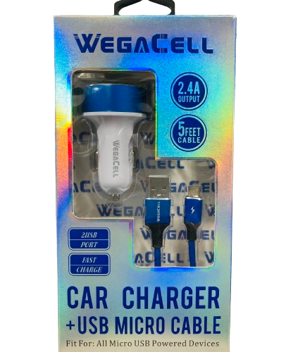 WegaCell - 2USB Port Fast Charge (Car Charger + 5ft USB Micro Cable) - Electronics (2.4A Output) - MK Distro