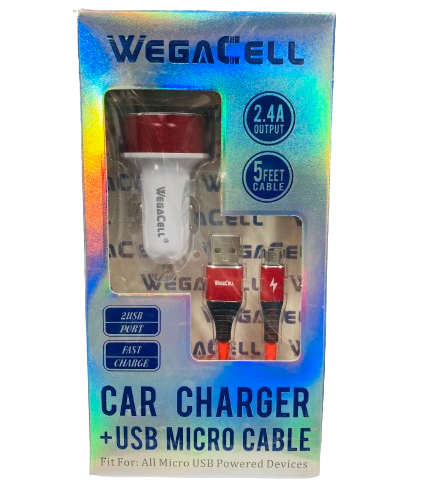 WegaCell - 2USB Port Fast Charge (Car Charger + 5ft USB Micro Cable) - Electronics (2.4A Output) - MK Distro