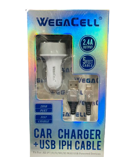 WegaCell - 2USB Port Fast Charge (Car Charger + 5ft USB IPH Cable) - Electronics (2.4A Output) - MK Distro