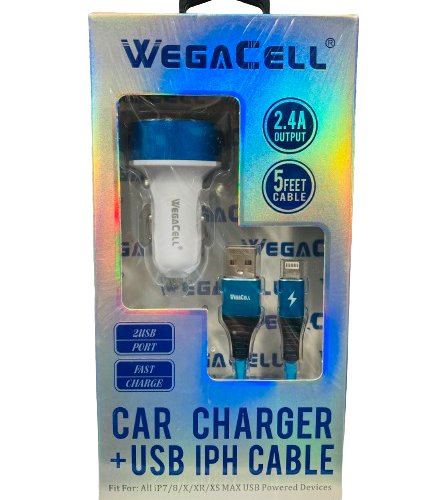 WegaCell - 2USB Port Fast Charge (Car Charger + 5ft USB IPH Cable) - Electronics (2.4A Output) - MK Distro