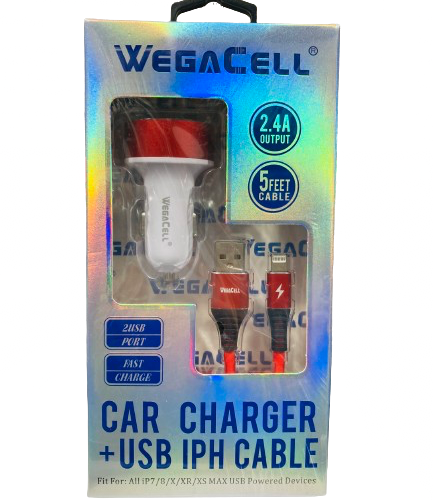 WegaCell - 2USB Port Fast Charge (Car Charger + 5ft USB IPH Cable) - Electronics (2.4A Output) - MK Distro