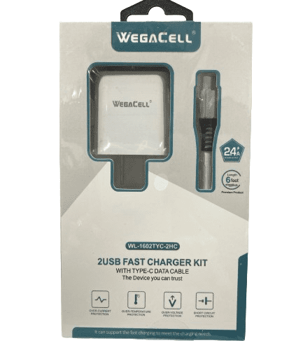 WegaCell - 2USB Fast Charger Kit (Home Charger + 6ft Type-C Data Cable) - Electronics (2.4A Output) - MK Distro