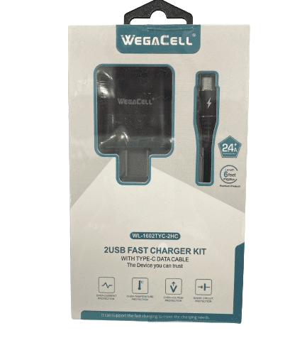 WegaCell - 2USB Fast Charger Kit (Home Charger + 6ft Type-C Data Cable) - Electronics (2.4A Output) - MK Distro