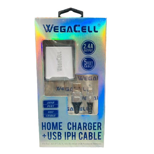 WegaCell - 2USB Port Fast Charge (Home Charger + 5ft USB IPH Cable) - Electronics (2.4A Output) - MK Distro