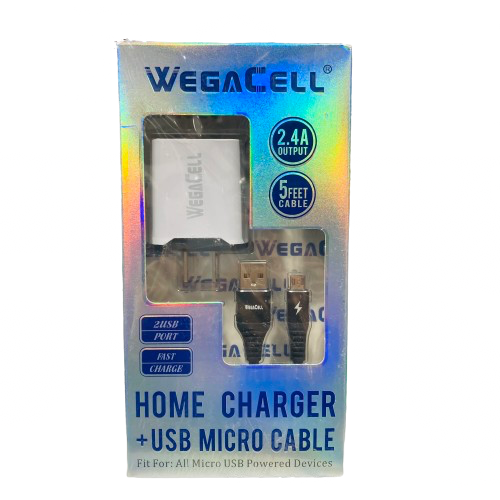 WegaCell - 2USB Port Fast Charge (Home Charger + 5ft USB Micro Cable) - Electronics (2.4A Output) - MK Distro