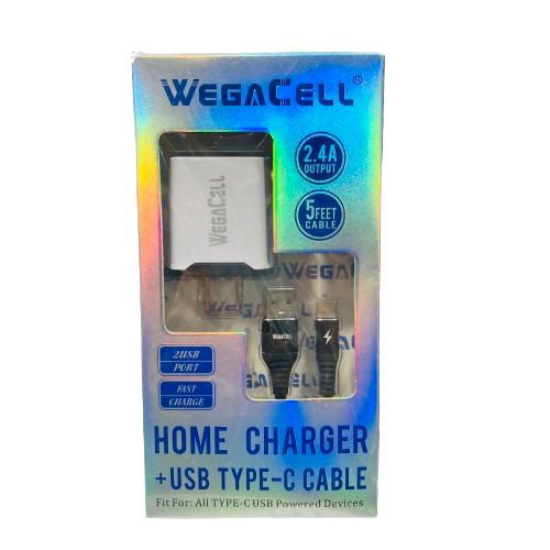 WegaCell - 2USB Port Fast Charge (Home Charger + 5ft USB Type-C Cable) - Electronics (2.4A Output) - MK Distro