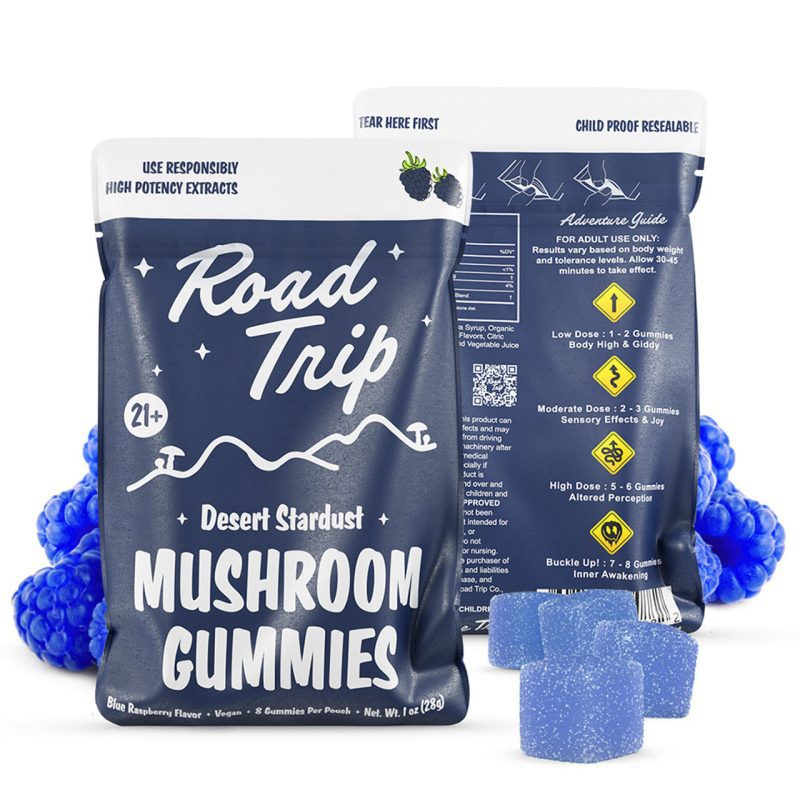 Road Trip Desert Stardust Blend Mushroom Gummies 8ct Pouch Display of 10 Pouches Blue Raspberry Flavored cbd wholesale 76236.1716909364